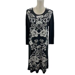Neiman Marcus Gray White Damask Patterned Sweater Dress Womens XL Long Sleeve